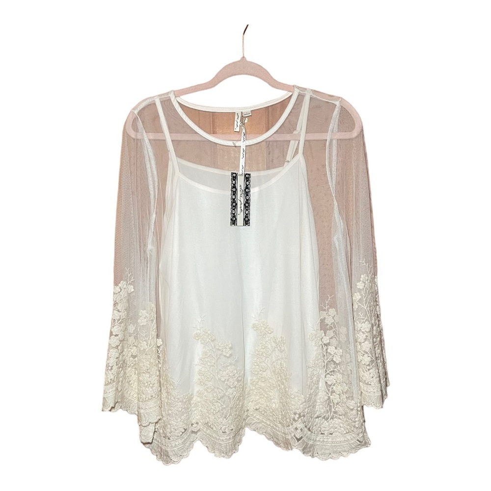 ULTRA PINK Sheer Embroidered Overlay Top with Camisole Tank Attached L NWT